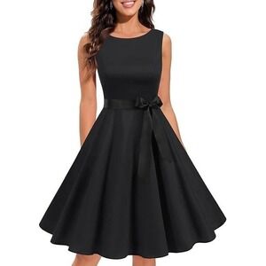 Gardenwed Black Sleeveless Fit Flare Dress with Bow Tea Swing M